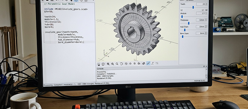 Side-by-side comparison of spur gear and helical gear 3D printed in black filament